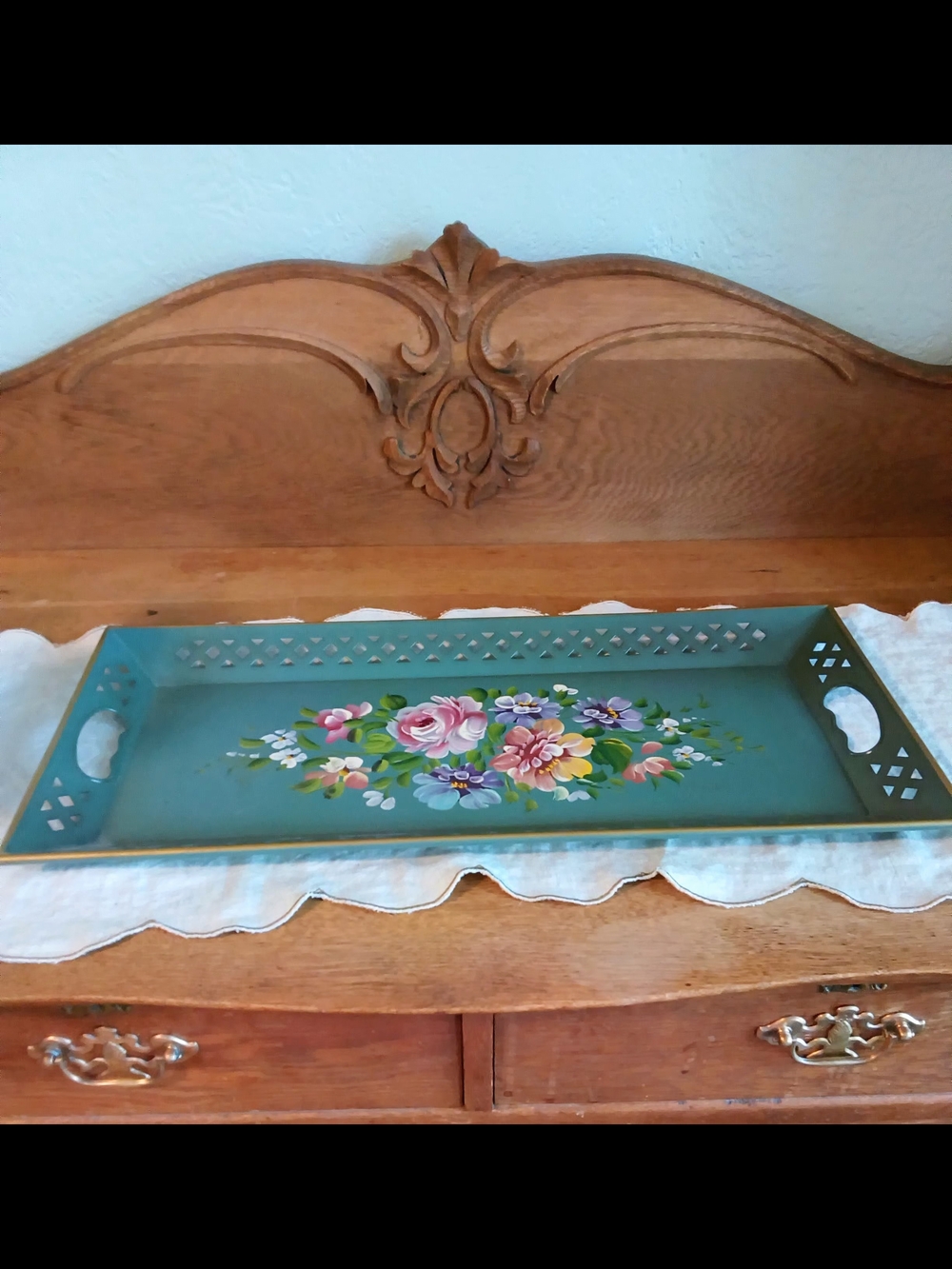 1950's Nashco Metal Hand-Painted Tole Floral Serving Tray - Teal Green
